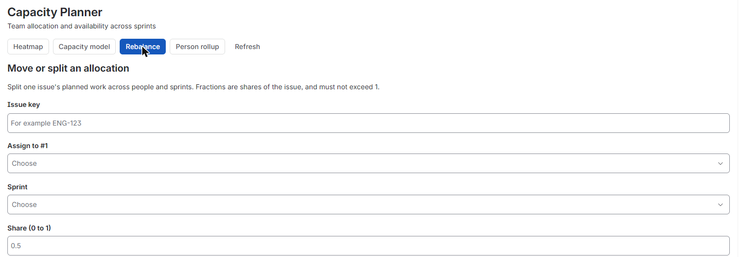 Rebalance: move or split an issue's planned work across people and sprints.