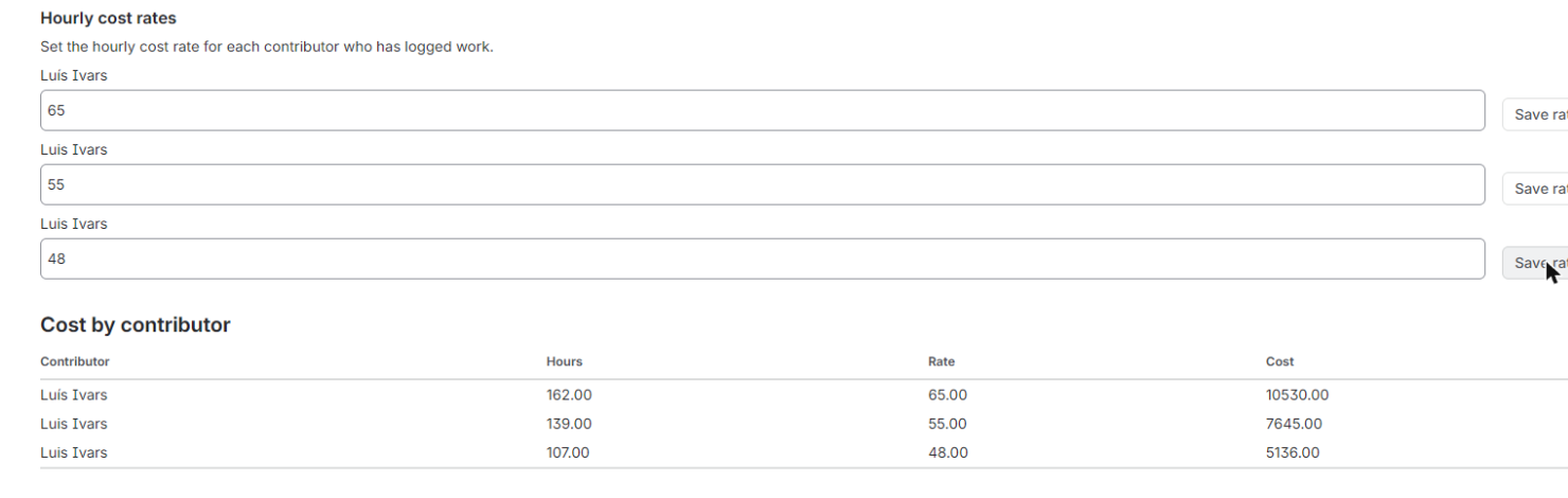 Change a rate and save: the totals update from the same worklogs.